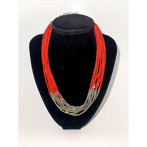 Vintage Necklace Orange Silver Multi Layered Glass Seed Bead Lobster B#8